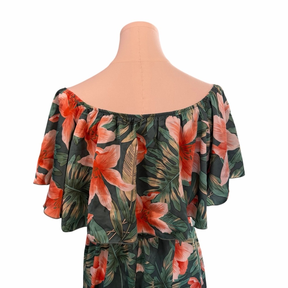 Cupshe Tropical Floral Maxi Dress Green Orange Ruffle Off Shoulder Large Boho - Picture 4 of 15